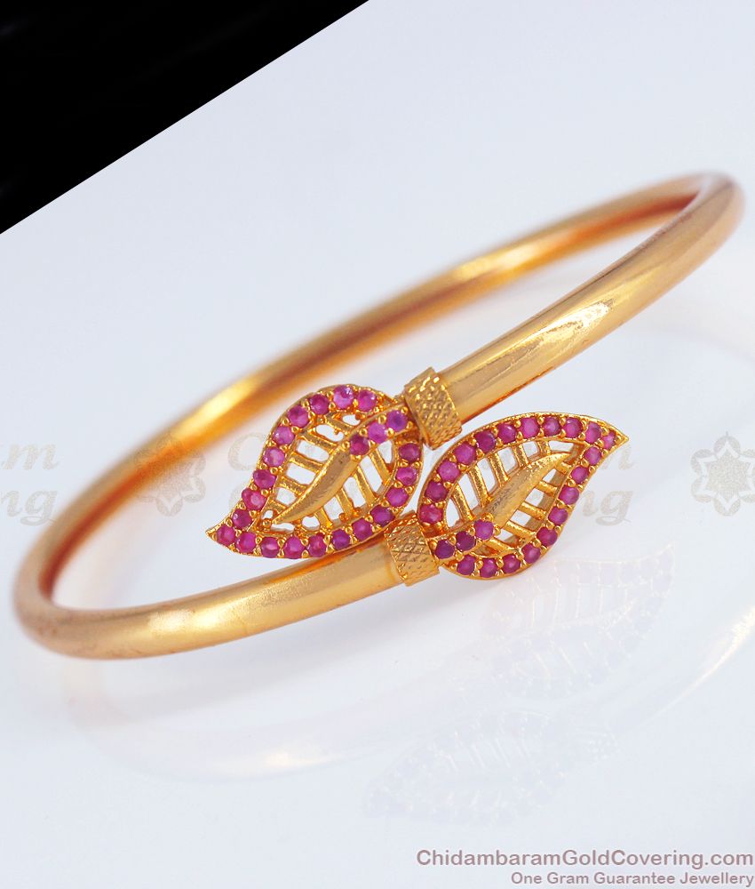 Modern Leaf Ruby Stone  Gold Bracelet Open Type BRAC502