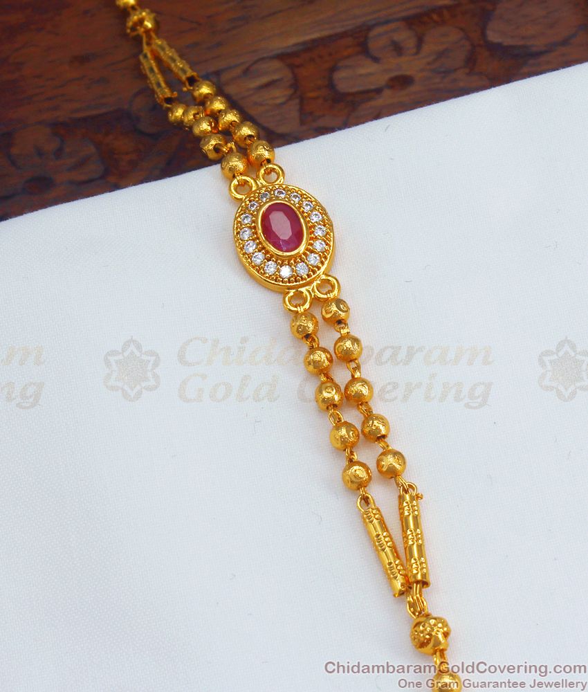 Double Line Gold Bracelet Ruby Stone  With Gold Beads Design For Special Occasions BRAC266