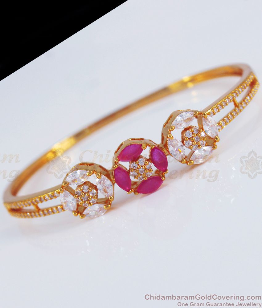 Trendy Flower Pattern Diamond Ruby Stone Gold Bracelet BRAC527