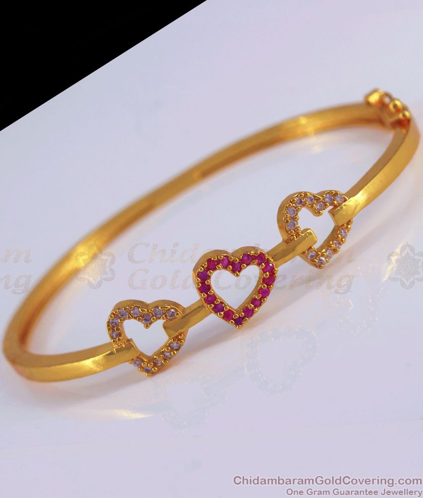 1 Gram Gold Bracelet Triple Heart Ruby White Stone BRAC587 1 Gram Gold Bracelet Triple Heart Ruby White Stone BRAC587