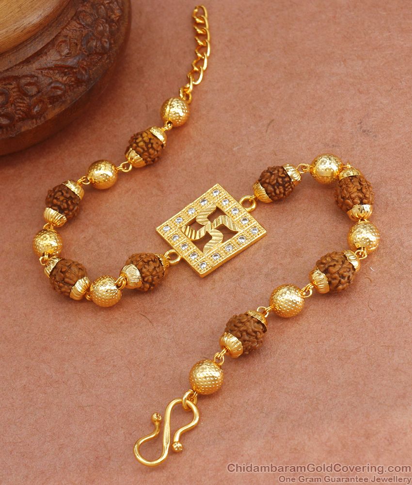 White Ad Stone Swastik Symbol Gold Rudraksha Bracelet BRAC697