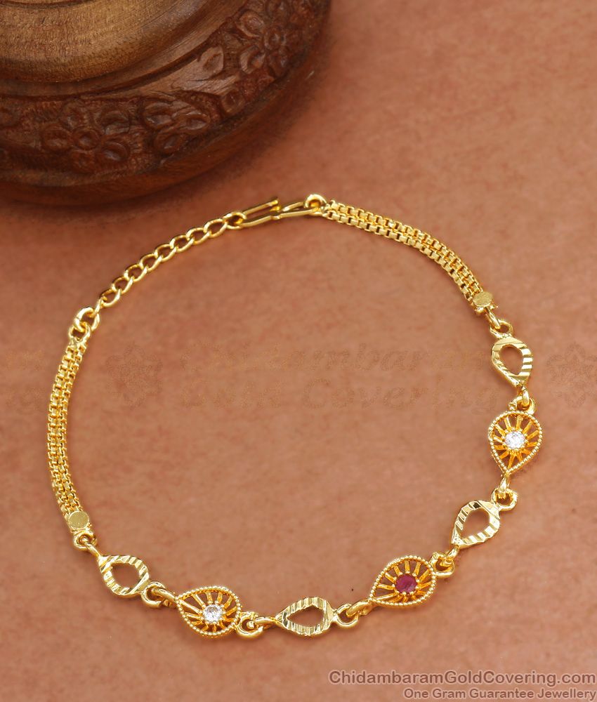 Beautiful One Gram Gold Bracelet White Stone Leaf Design BRAC732