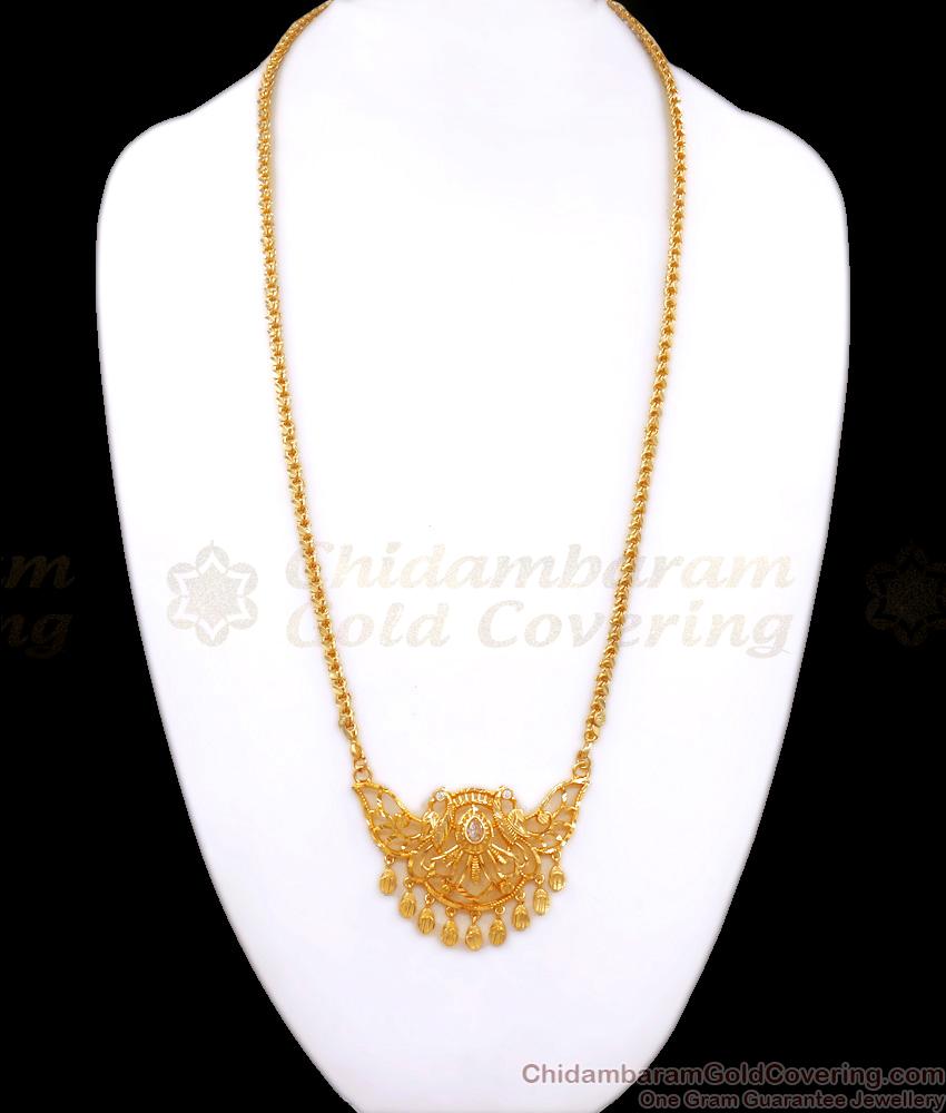 White Kemp Stone Gold Plated Dollar Chain Dual Peacock Design BGDR1062