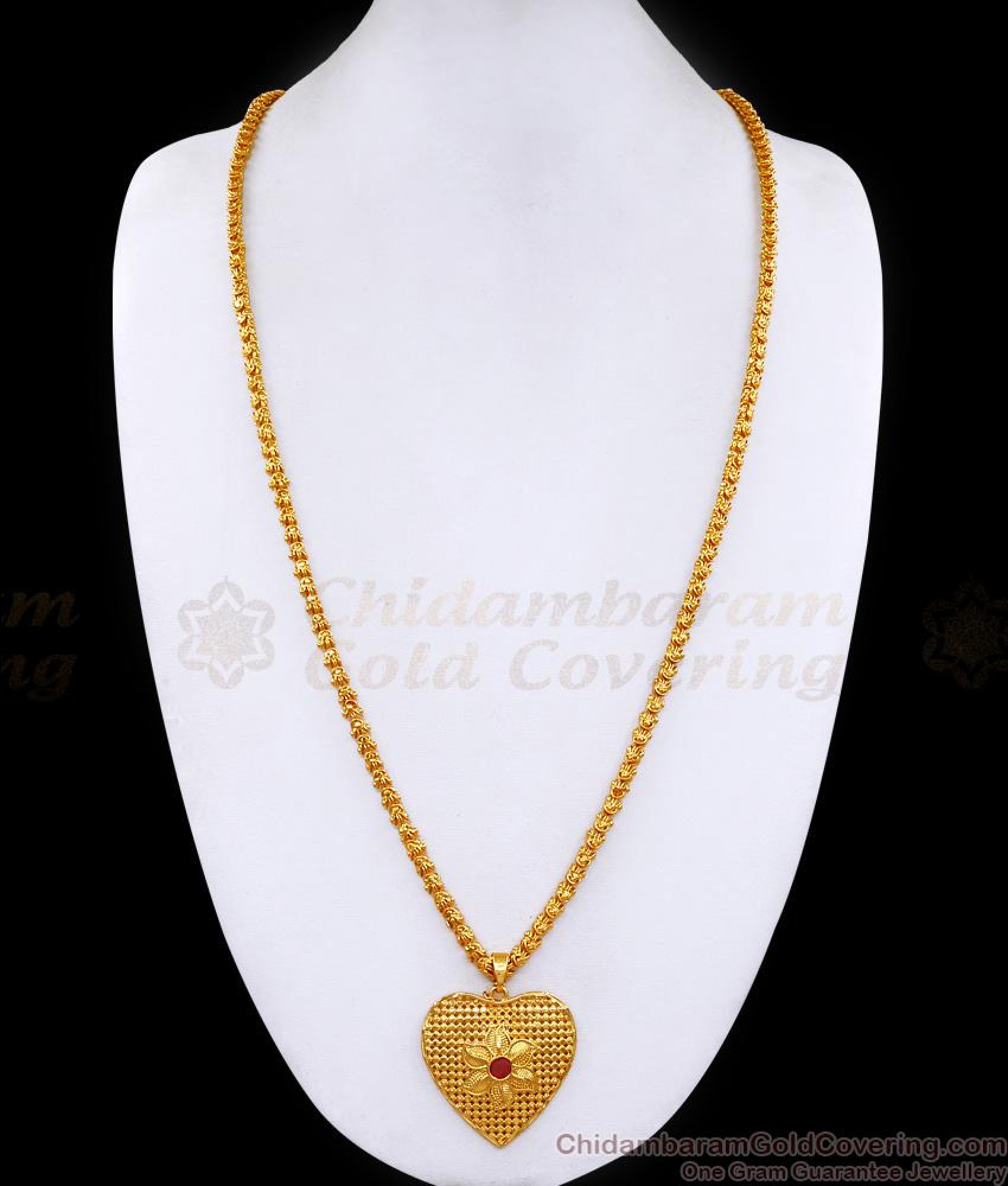 30 Inch Long Attractive Gold Plated Heart Shaped Pendant Chain Ruby ...