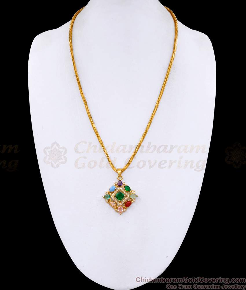 Glittering Multi Color Gemstone Pendant With Long Gold Plated Chain BGDR1605