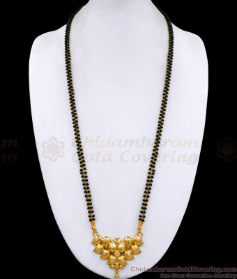 30 Inch Long Traditional 2 Line Black Beaded Mangalsutra Chain Floral Pendant Design BGDR1633-Lg