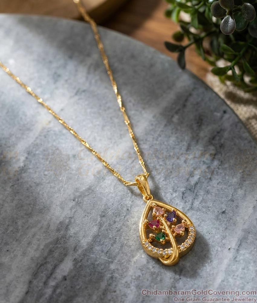 Studded Multicolor Mango Leaf Pendant Gold Plated Chain BGDR1766