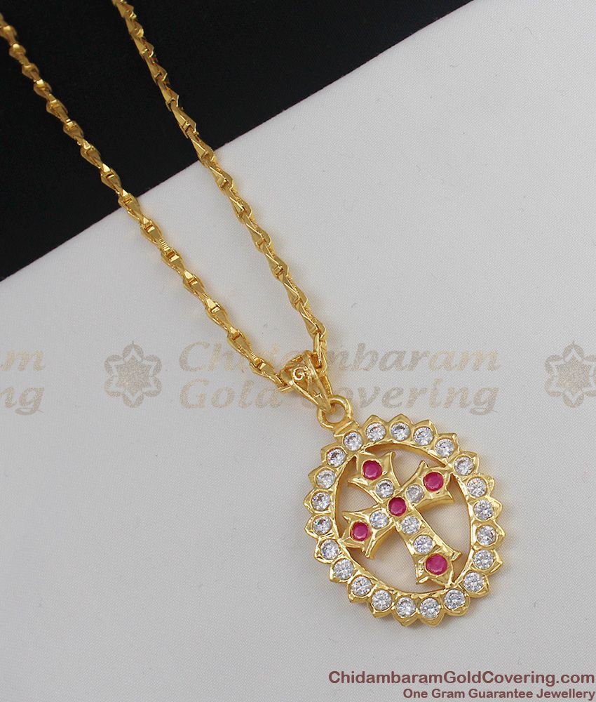 Christian Cross Gold Impon AD Ruby Stone Dollar Chain For Ladies Buy Online BGDR350