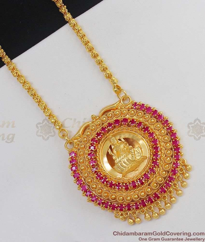 Big Round Ruby Stone Lakshmi Design Gold Plated Dollar Chain With Beads Best Offer BGDR354