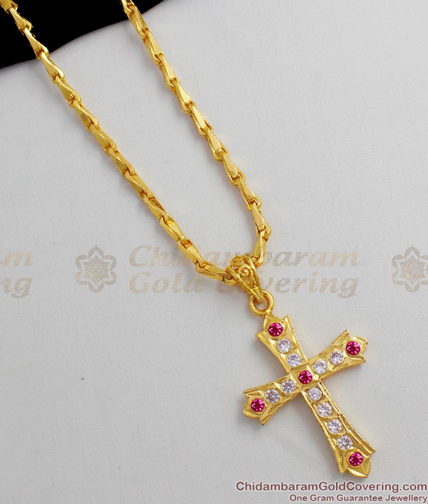 Christian Religious Cross Gold Impon Pendant Collection Dollar Chain With Multi Stones BGDR394
