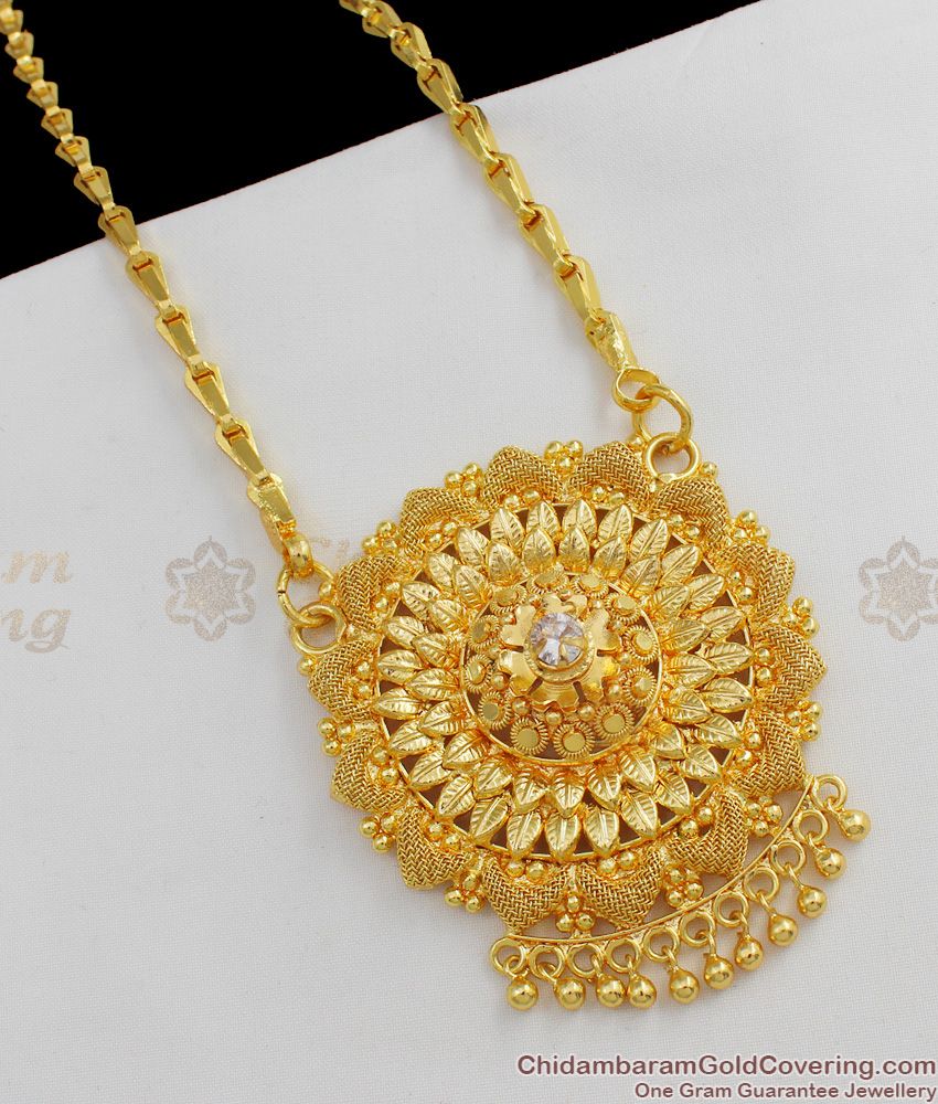 White AD Stone Full Leaf Pattern Big Gold Dollar Chain For Ladies Bridal Wear BGDR407