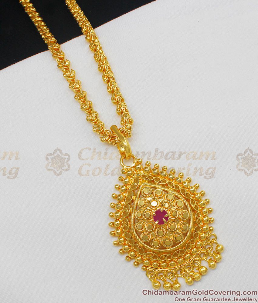 Daily Use Flower Pattern Gold Plated Dollar Chain With Single Ruby Stone Jewelry BGDR418