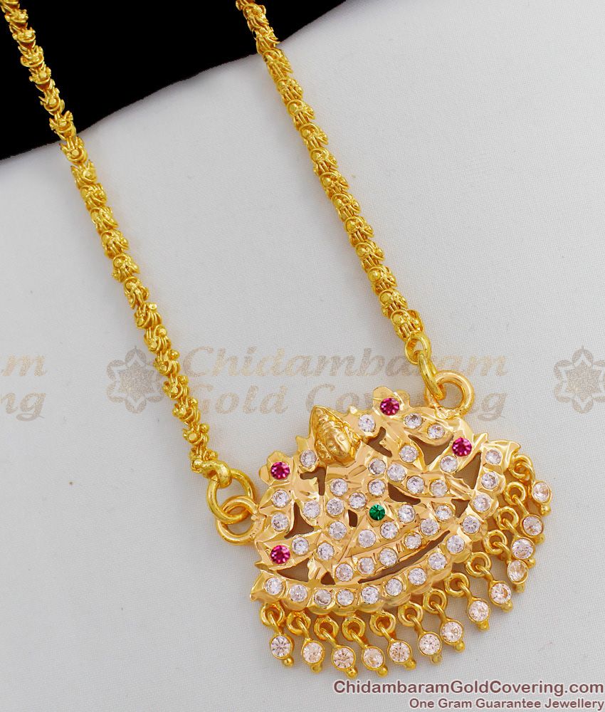 Light Weight Small Lakshmi Impon Gold Dollar Chain With Multi Color Stones BGDR427