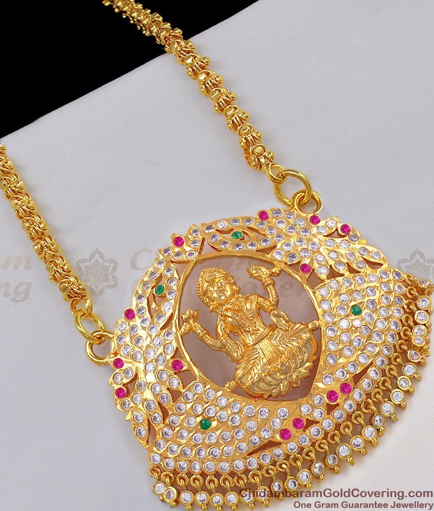 Very Big Gold Impon Lakshmi Model Dollar Chain With Multi Color Stones BGDR448