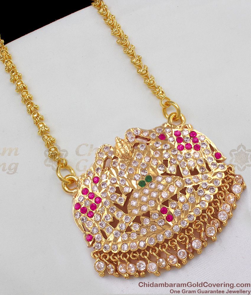 One gram Gold Five Metal Gajalakshmi Model Dollar Chain With Multi Color Stones BGDR450