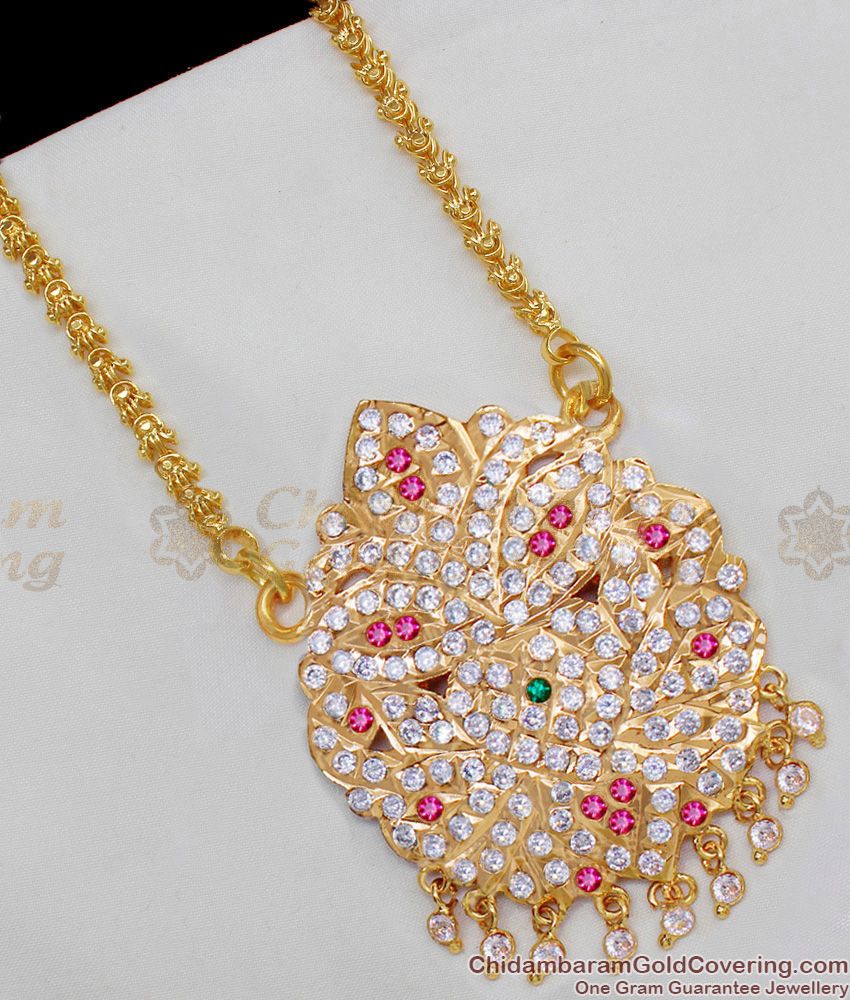 30 Inch Long Real Gold Impon Pink And White Stones Dollar Chain  For Daily Wear BGDR464-LG