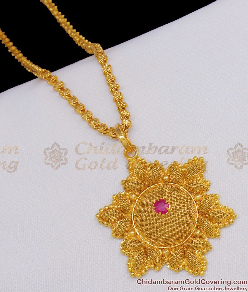 Dazzling Ruby Stone Flower Design Dollar Gold Finish Chain For Ladies BGDR481