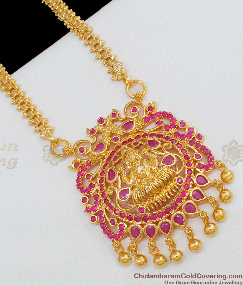 Colorful Ruby Stone Lakshmi Dollar Design Thick Gold Chain For Womens Traditional Occasions BGDR548