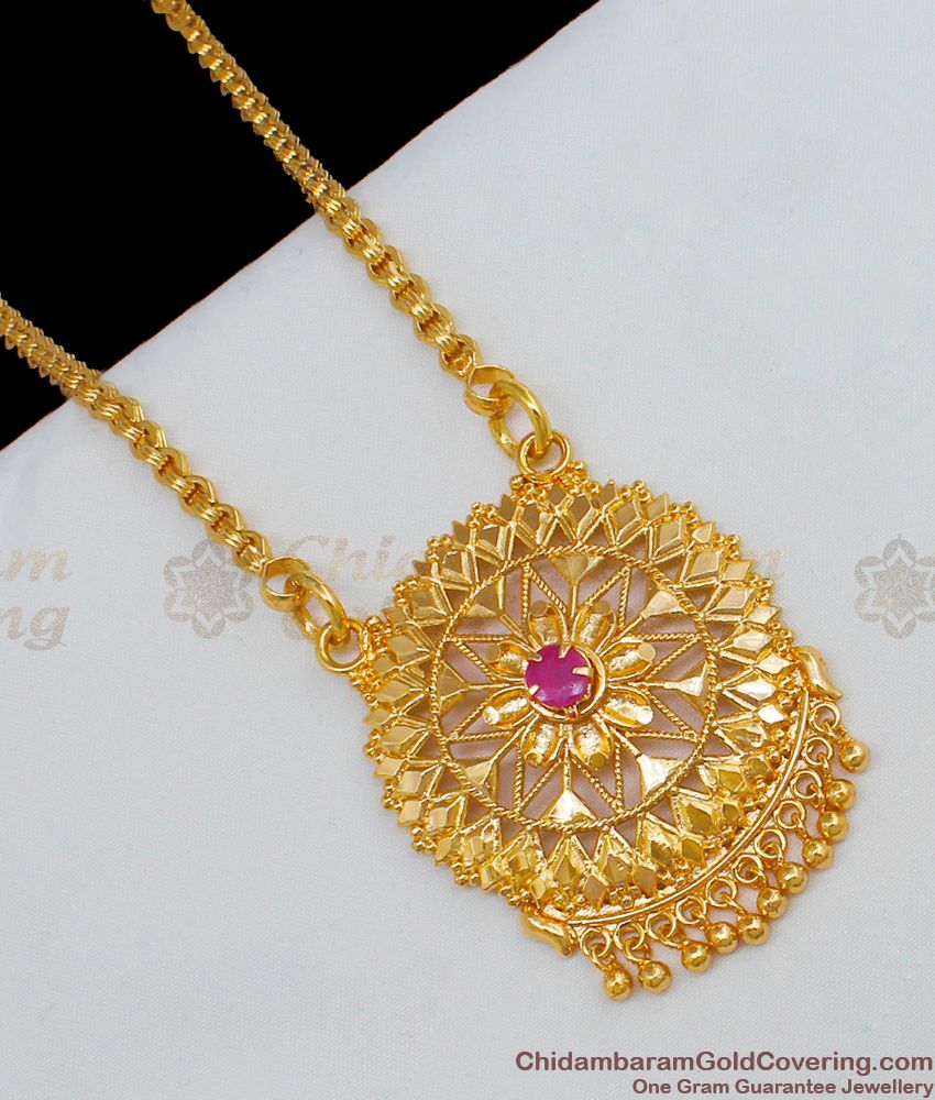 Flower Pattern One Gram Gold Dollar Chain With Ruby Stone In Center BGDR554