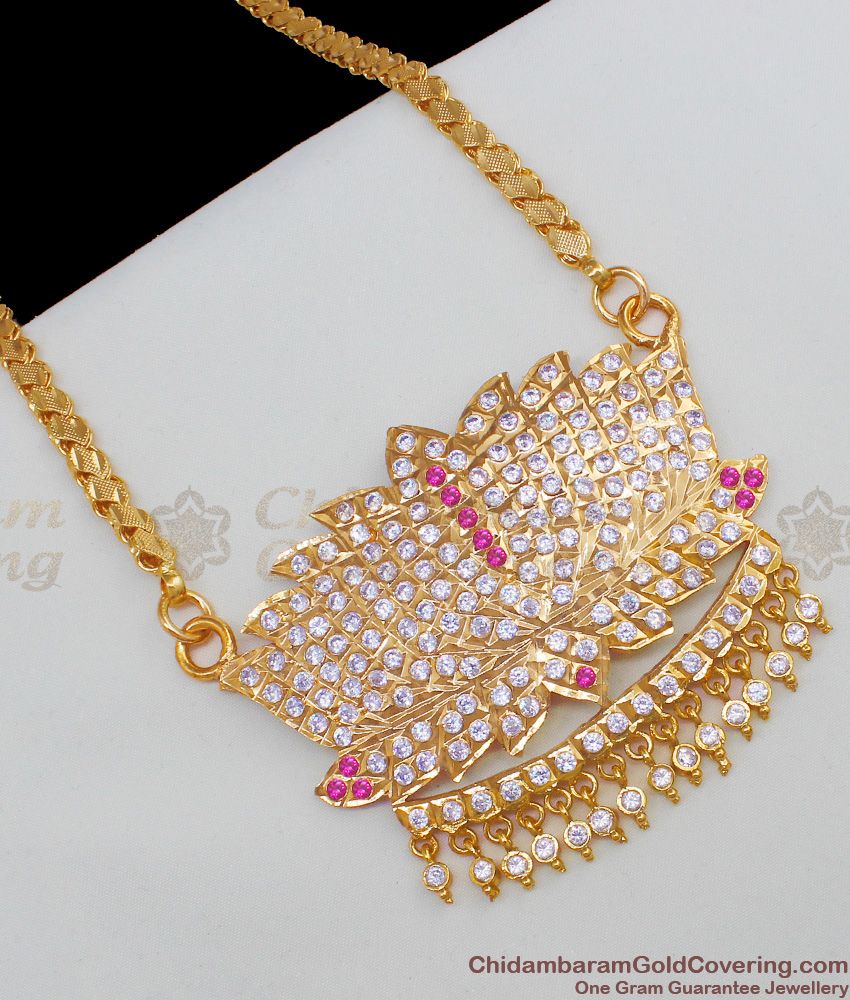 High Look Impon Traditional Lotus Model With Multi Color Stones Gold Dollar Chain For Ladies BGDR558