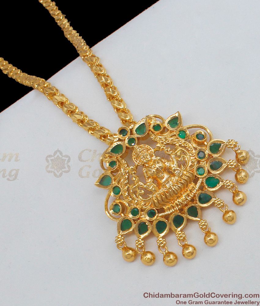 Green Emerald Stone Lakshmi Design Gold plated Dollar Chain For Traditional Use BGDR561