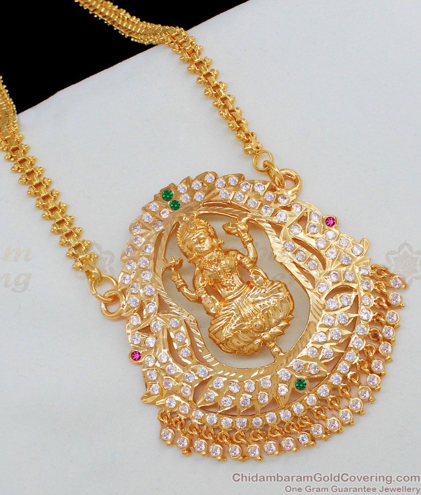 Attractive Gold Impon Lakshmi Model Dollar Chain With Multi Color Stones BGDR593