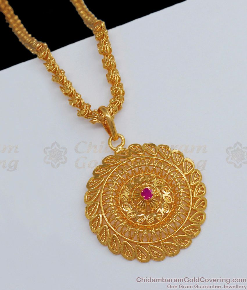 Single Ruby Stone One Gram Gold Dollar Chain For Ladies Daily Wear BGDR658