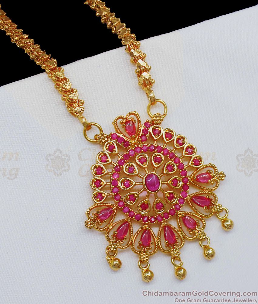 Stunning Ruby Stone One Gram Gold Dollar With Chain BGDR701