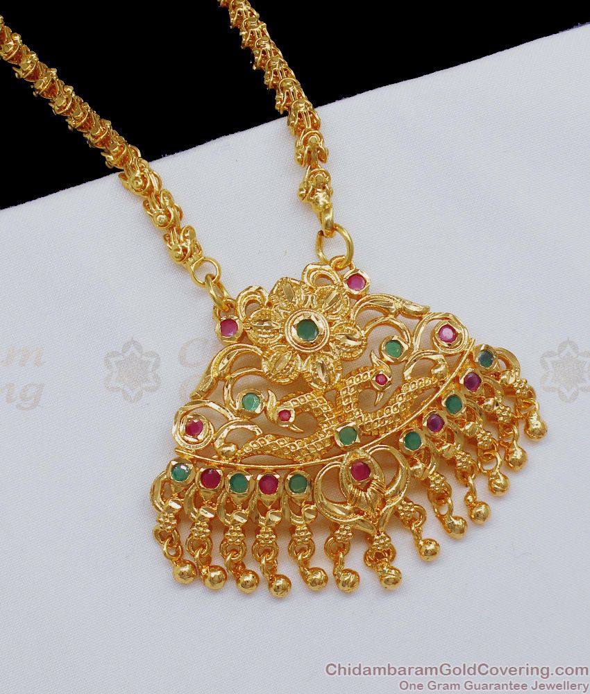Beautiful Peacock Design Ruby Emerald Stone Dollar With Chain BGDR703 Beautiful Peacock Design Ruby Emerald Stone Dollar With Chain BGDR703