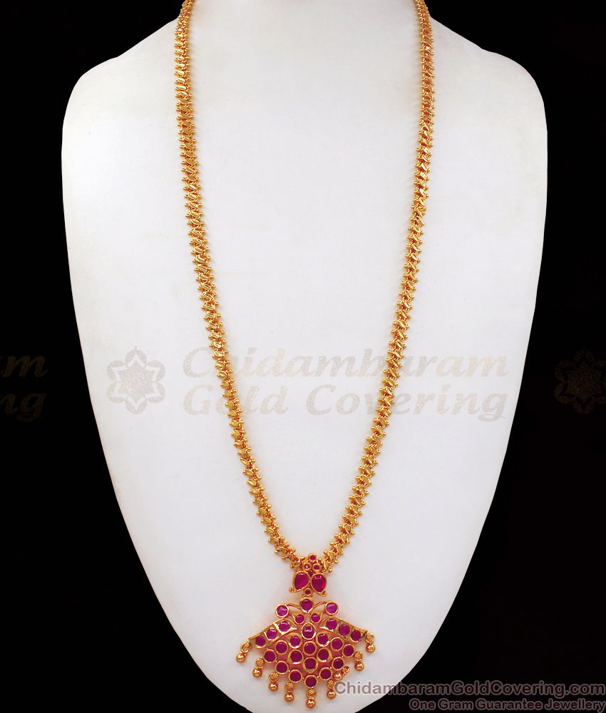 Long Full Ruby Kemp Stone One Gram Gold Dollar Chain Party Wear BGDR761