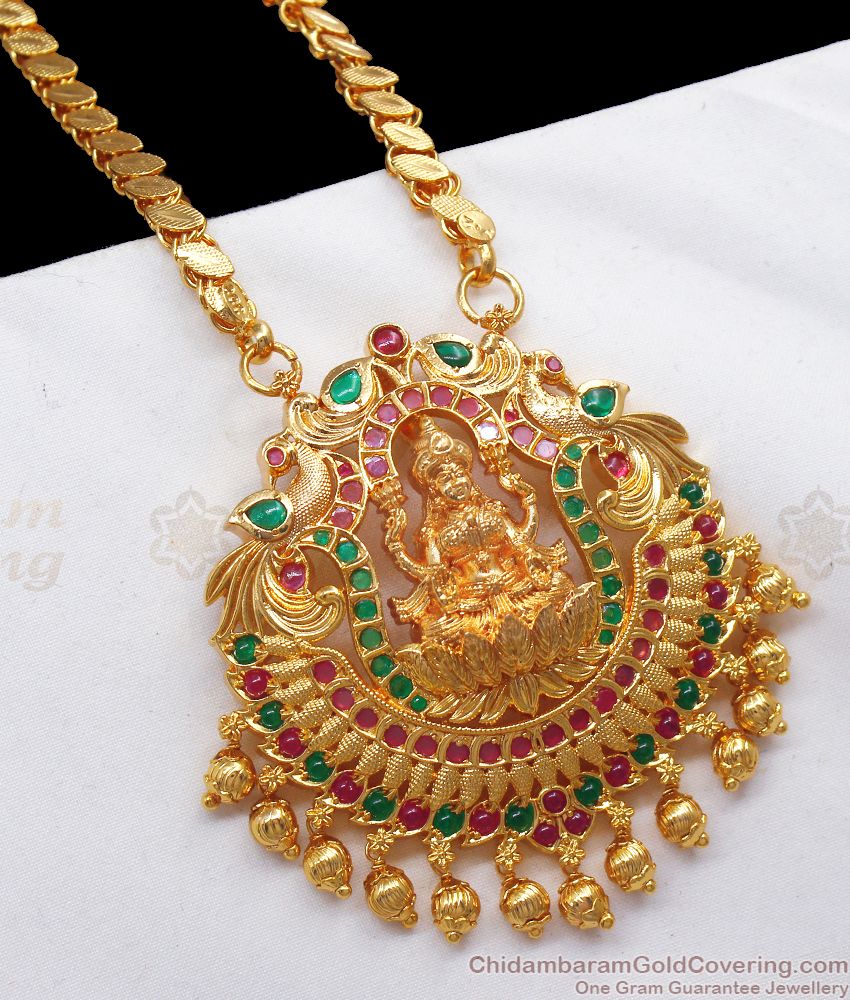 Lakshmi Model Big Dollar Gold Chain With Ruby Emerald Stone BGDR786