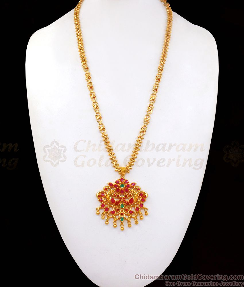 Stunning Ruby AD Stone Peacock Dollar Gold Chain BGDR799