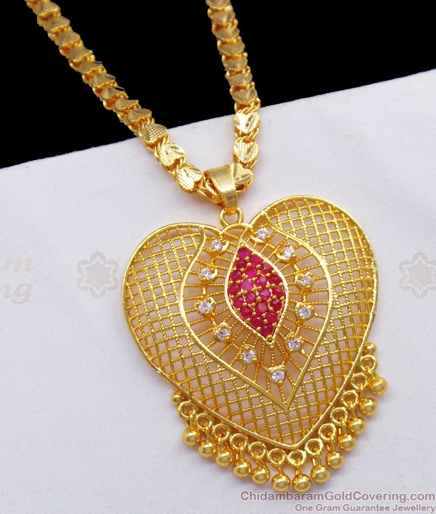 Lovely Heart Shaped Ruby White Stone Gold Pendant Chain BGDR821