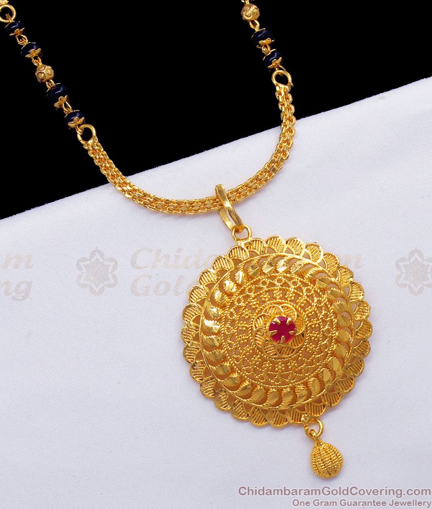 One Gram Gold Dollar Ruby Stone Black Beads Chain Simple Mangalsutra BGDR861