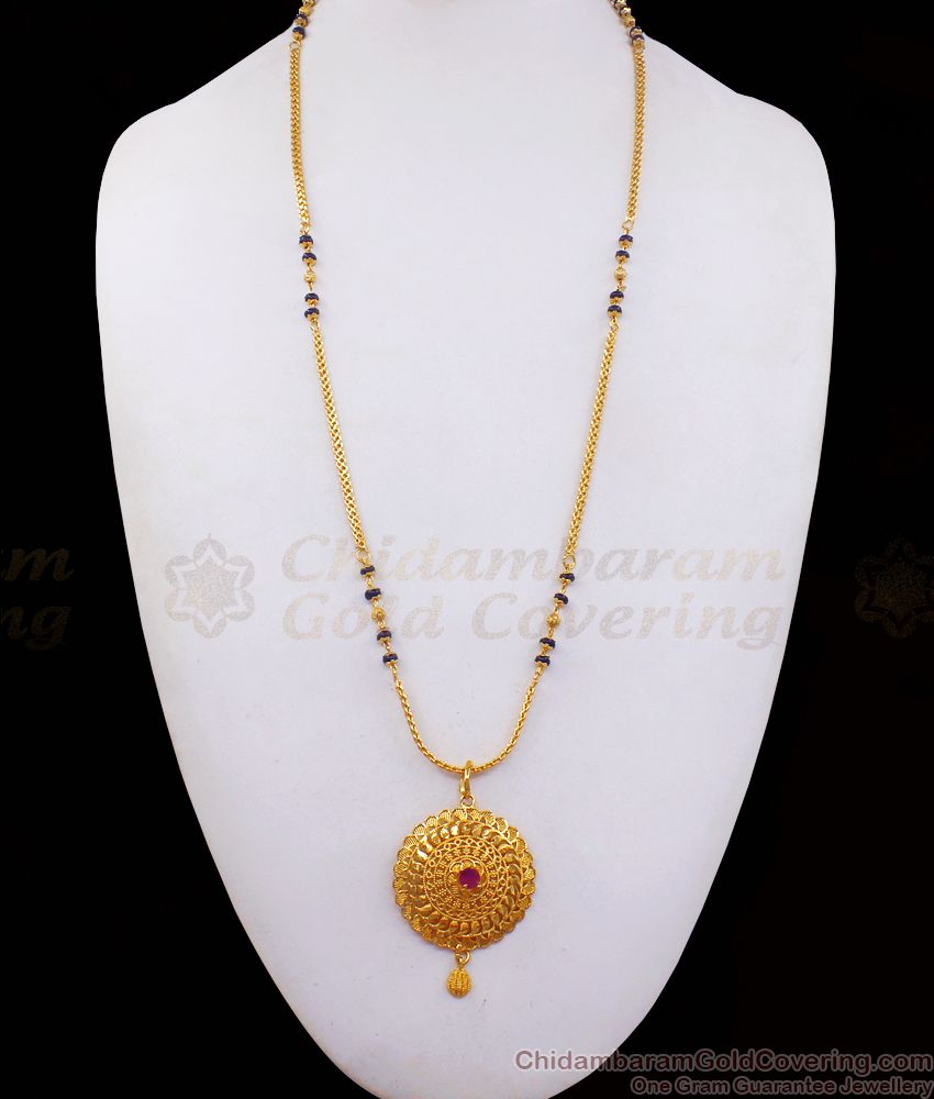 One Gram Gold Dollar Ruby Stone Black Beads Chain Simple Mangalsutra BGDR861