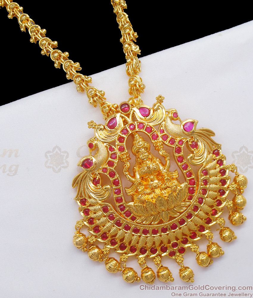 30 Inches Long Full Ruby Kemp Stone Gold Imitation Chain Lakshmi Dollar BGDR865
