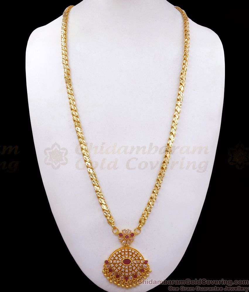 30 Inches Long Gorgeous Ruby White Stone Gold Dollar Chain Design For Women BGDR920
