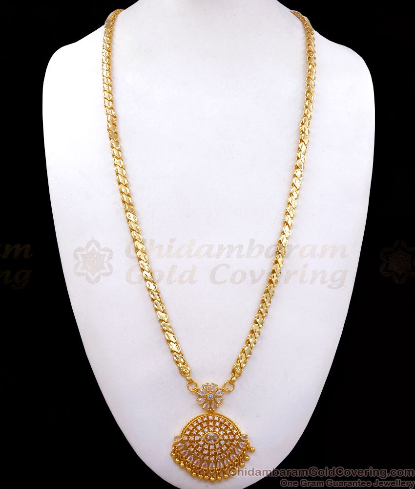 30 Inches Long Full White Stone Gold Dollar Chain With Hanging Beads BGDR921