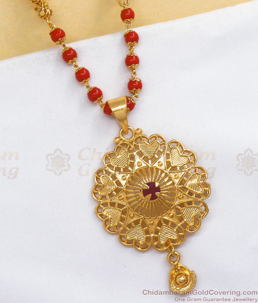 One Gram Gold Dollar With Red Coral Pavalam Chain BGDR951