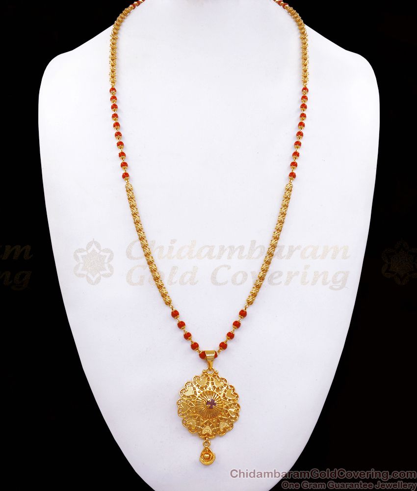 One Gram Gold Dollar With Red Coral Pavalam Chain BGDR951