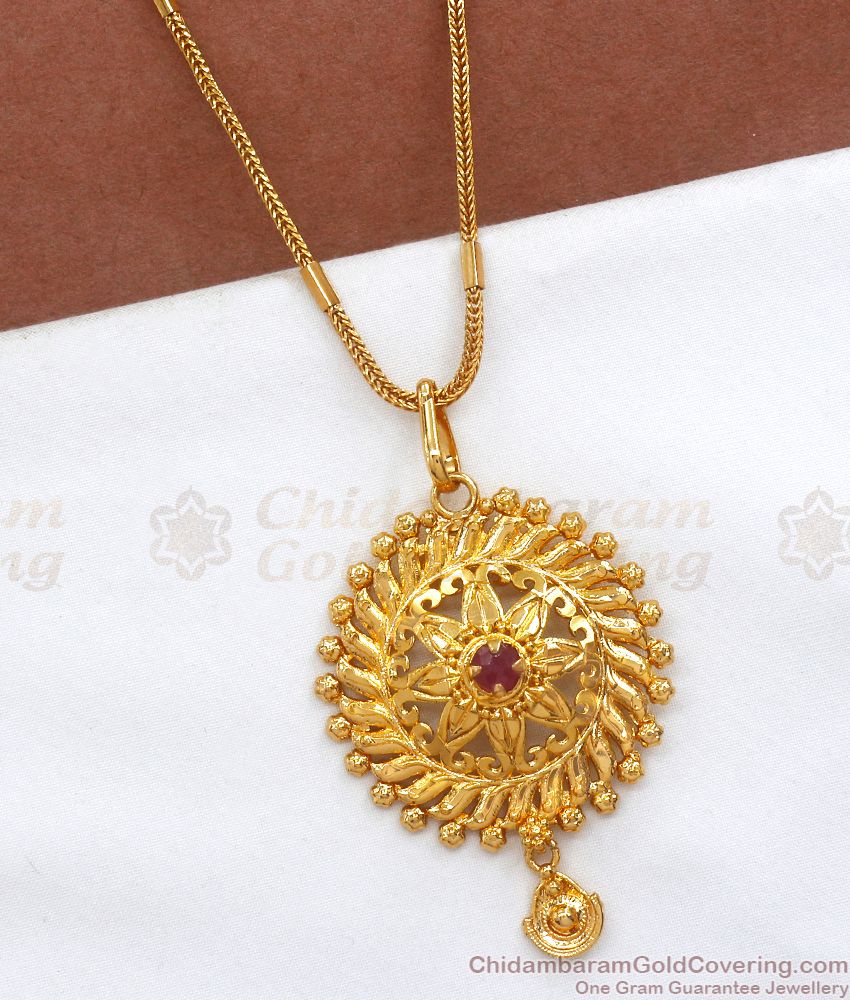 Ruby Floral Gold Pendant Chain Daily Wear Collections BGDR987