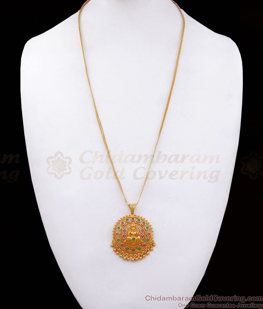 Light Weight Jewelry 1 Gram Gold Lakshmi Pendant Chain Kemp Stone BGDR996