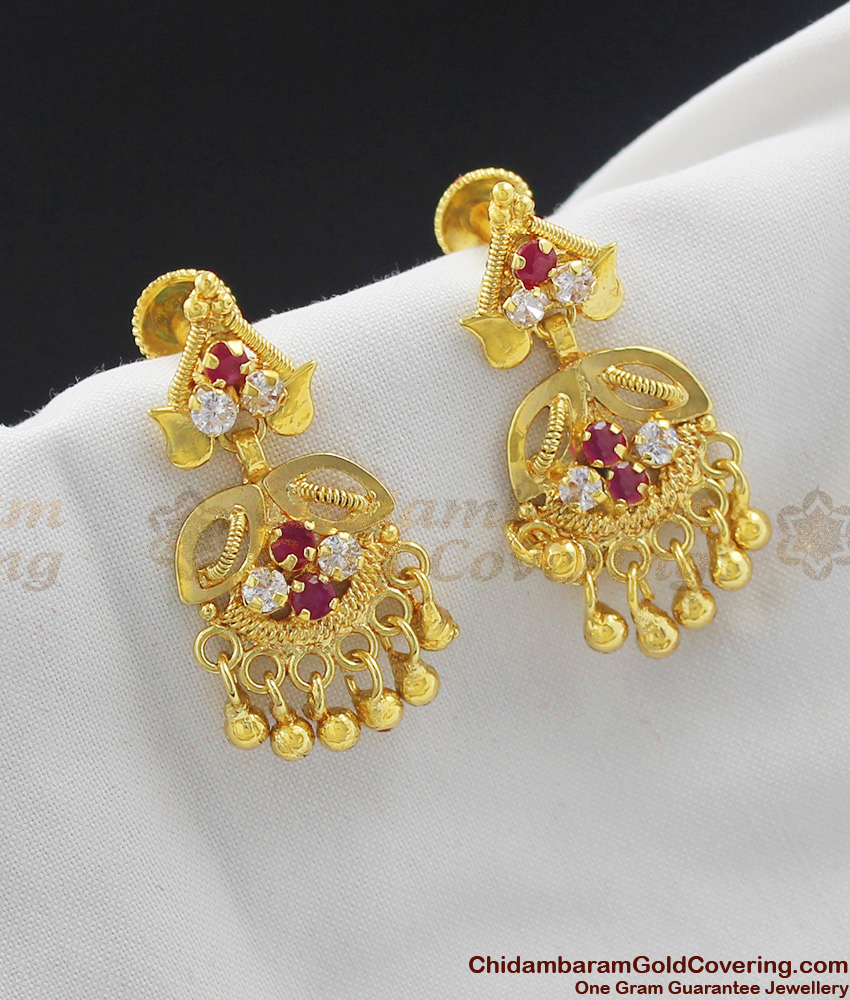 Simple Daily Wear Red and White Stone Earrings Screw Type ER1006