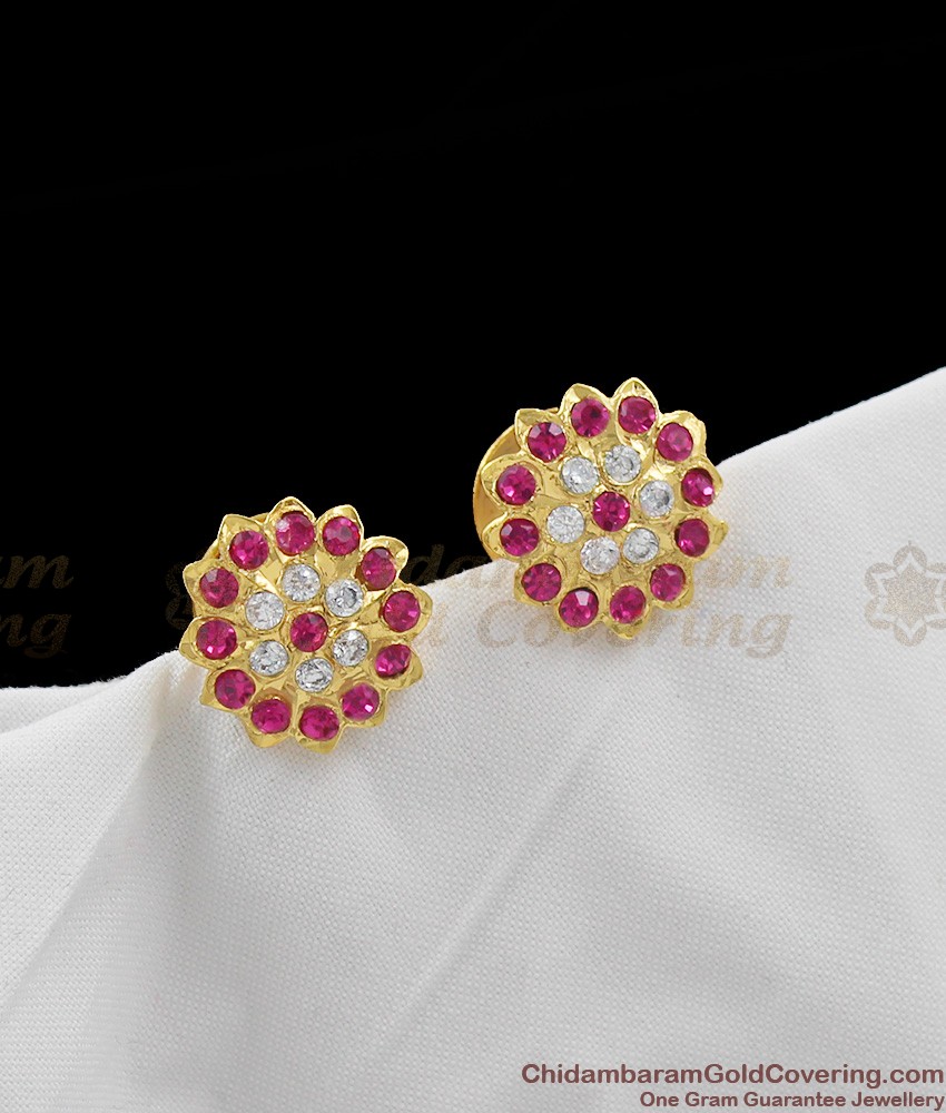 Attractive Pink and White Stone Small Impon Flower Design Earrings Stud ...