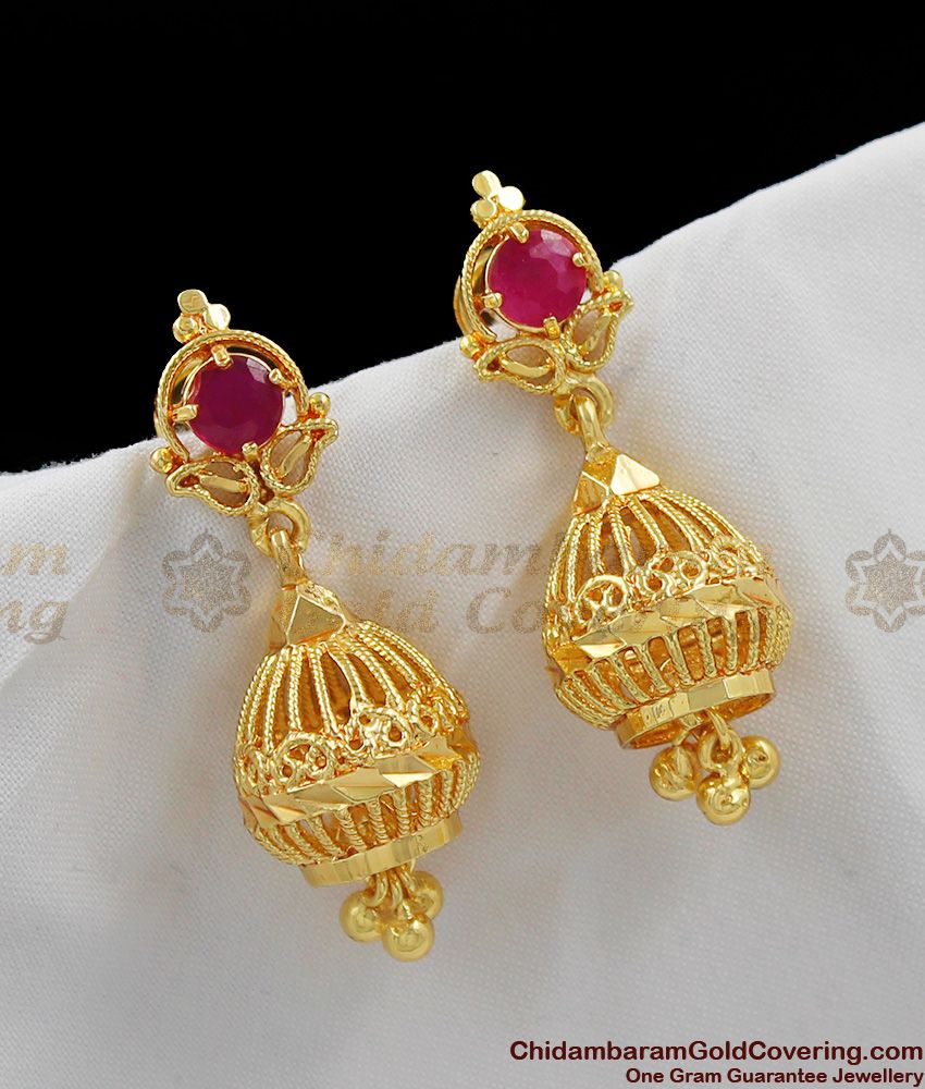 Ruby Crystal Stone Gold Imitation Jhumki Design With Beads Shop Online ER1089
