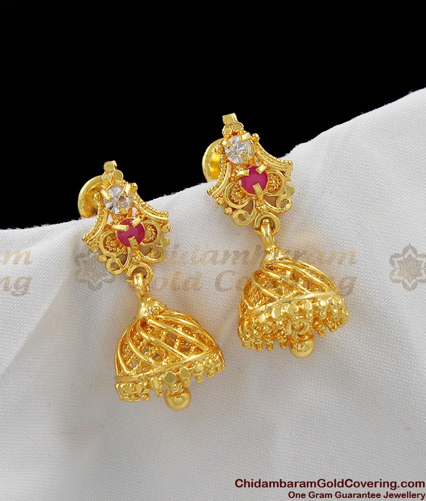 Traditional Pink And White Stone Umbrella Design Gold Jhumka Earrings ER1093