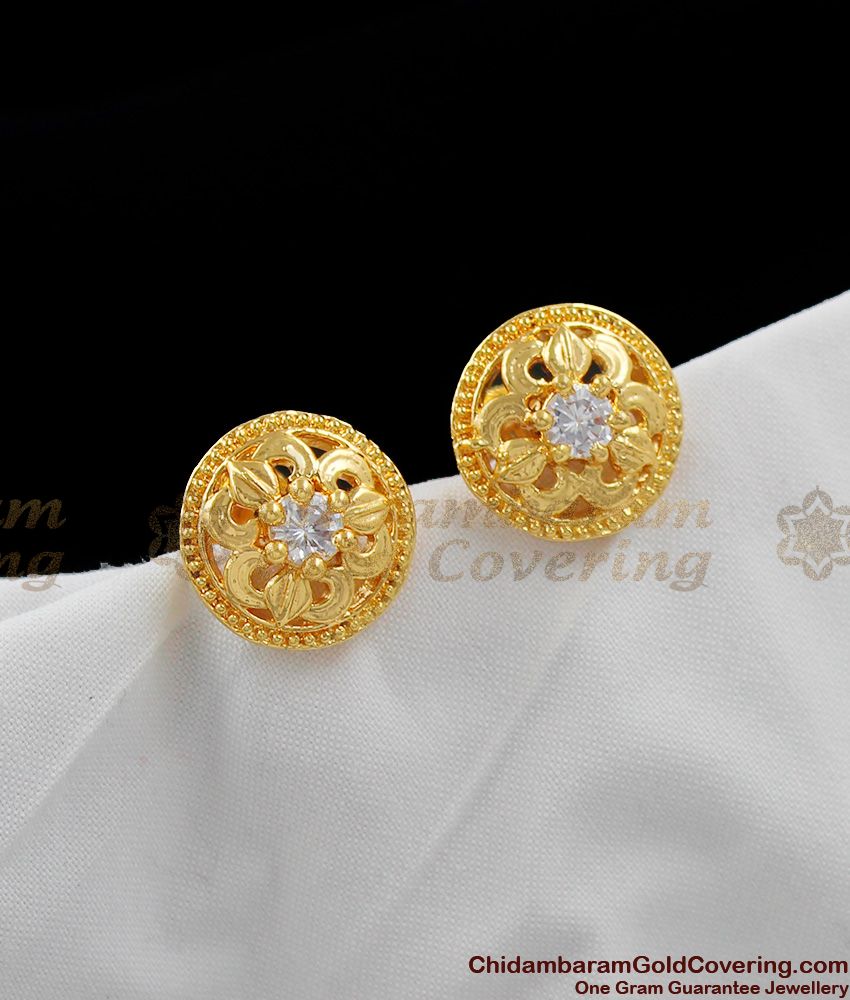 Pure Gold Flower Design White CZ Stone Earrings For Ladies Stud Type ER1101