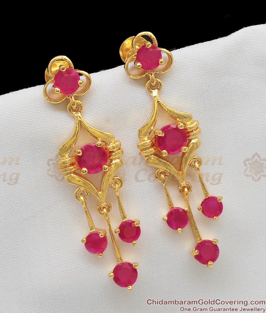Trendy Simple Long Gold Dangler Ruby Stone Earrings Collections for Women ER1119