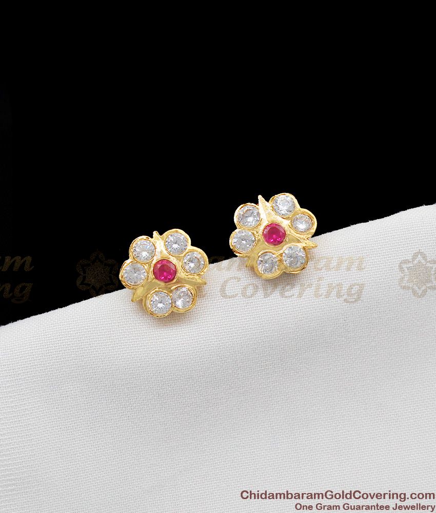 Gold Impon Stud Flower Design Multi Color Stone Earring Daily Use ER1134