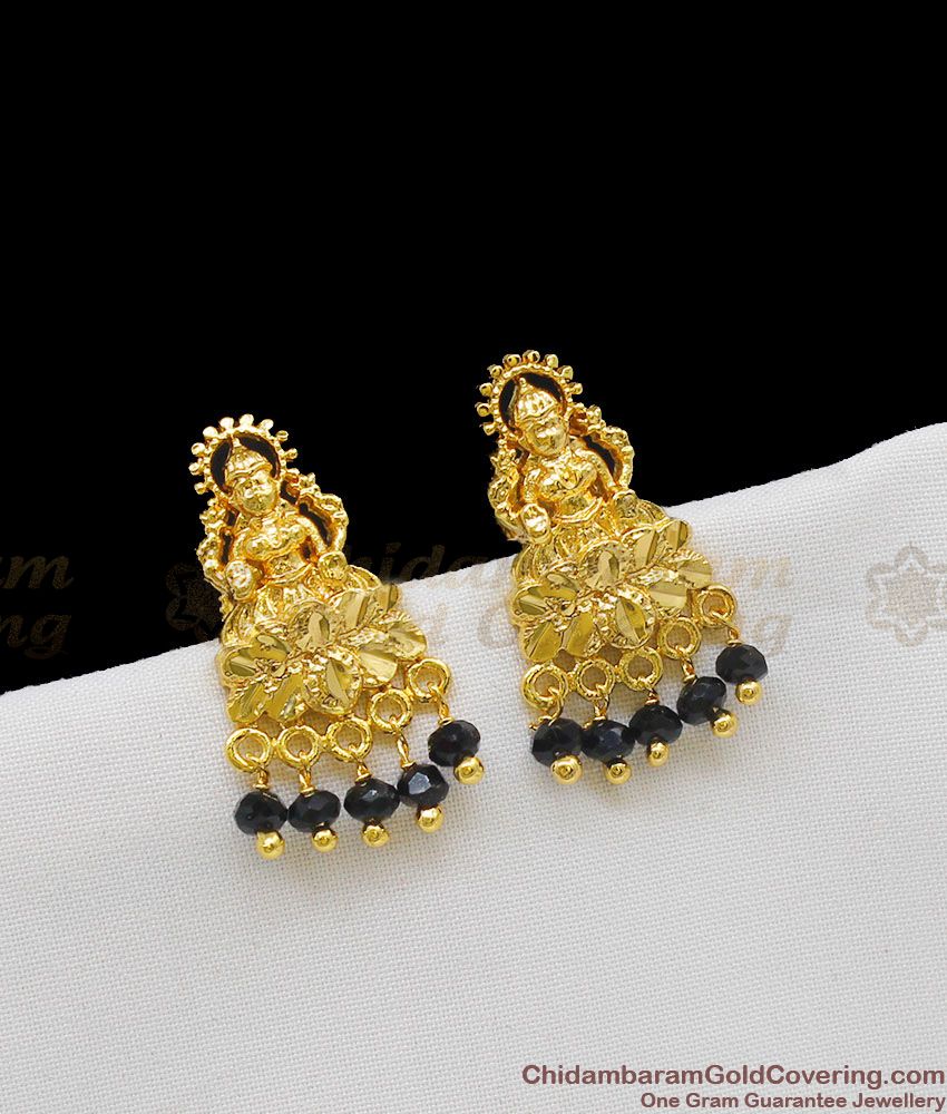 Gold Lakshmi Earrings Black Crystal Beads For Traditional Wear Collection ER1168